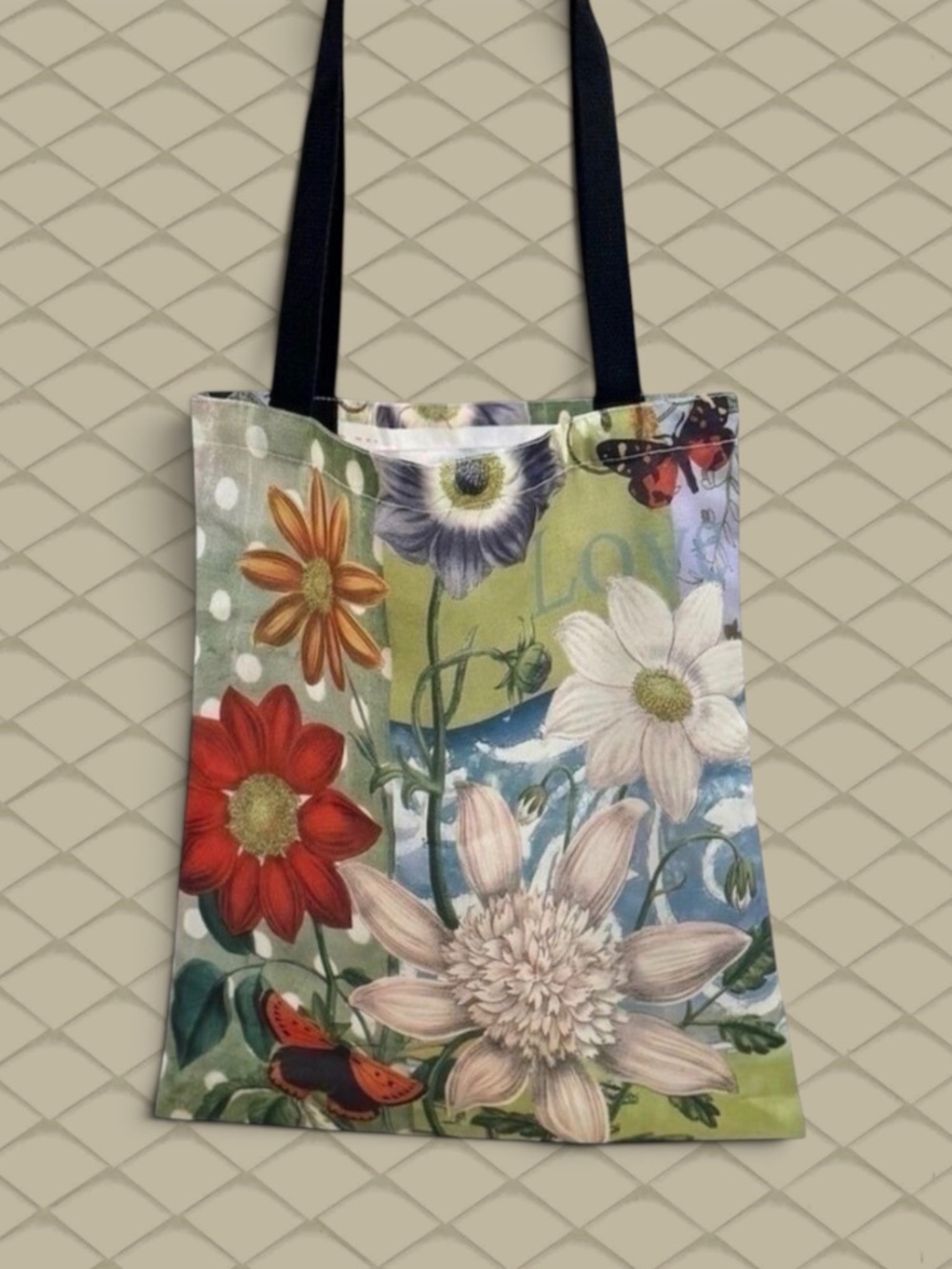 Floral Polyester Tote Bag Butterfly Accents